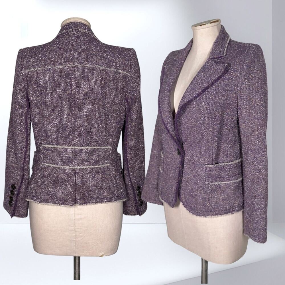 Vintage MARC JACOBS 100%Wool Purple Tweed Blazer Jacket Frayed Hem Classic RARE